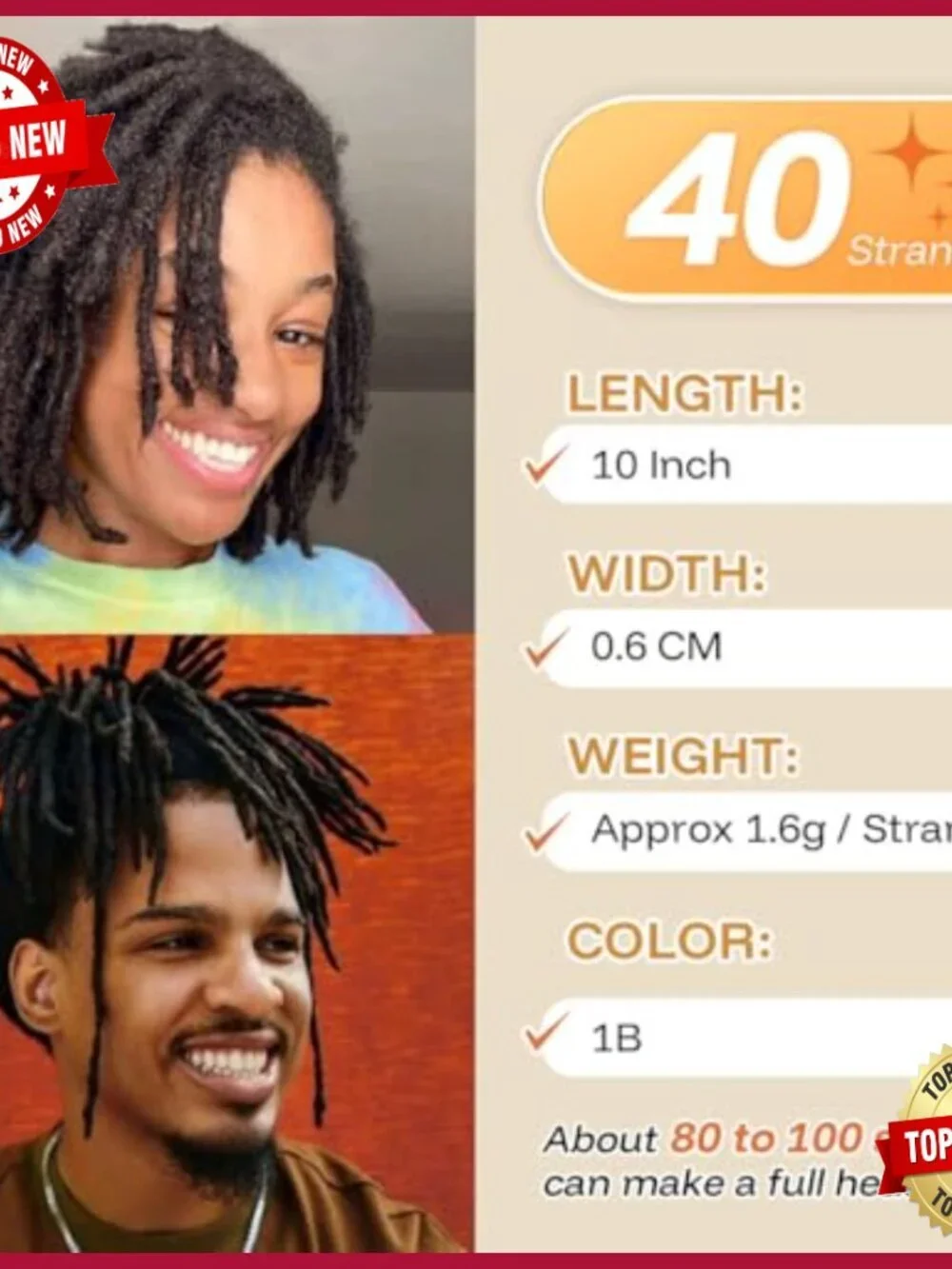 10 Inch Human Hair Dreadlock Extensions, 40 Strands, Handmade, Dyeable